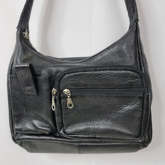 Genuine Leather Black Shoulder Bag | Multi Pocket Crossbody Purse - Picture 2 of 15